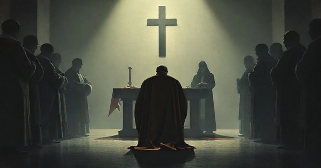 Ciemna i poważna scena przedstawiająca rzekome rytuły adwentowe z modernistyczną sekty