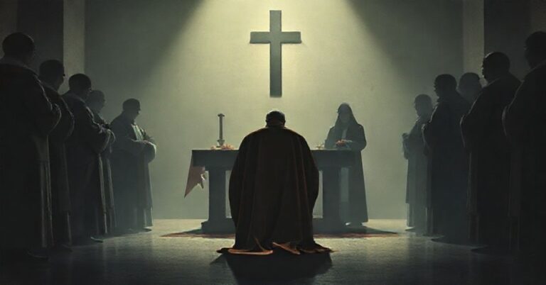 Ciemna i poważna scena przedstawiająca rzekome rytuły adwentowe z modernistyczną sekty