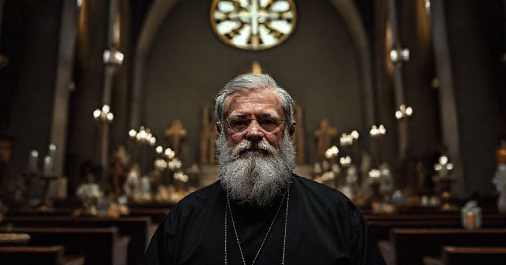 Obraz przedstawia Karola Kaletę w modernistycznym kościele z błędnymi symbolami religijnymi, otoczonego przedmiotami pielgrzymkowymi pozbawionymi sakralności.