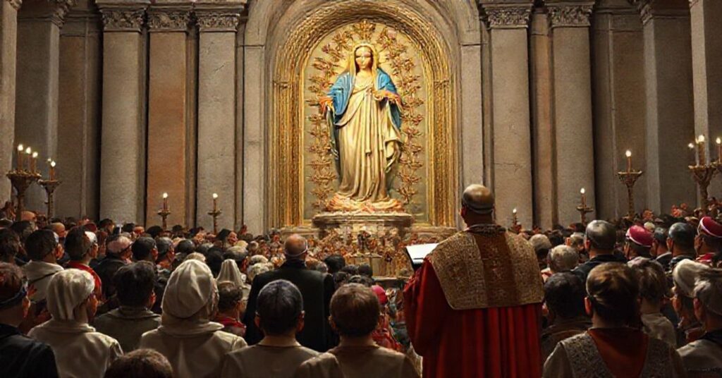 Obraz przedstawiający modernistyczną mistyfikację kultu Maryi w Pompejach podczas uroczystości z udziałem kard. Pietra Parolina.