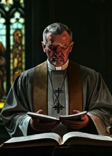 Modernistyczna mistyfikacja: Leon XIV relatywizuje prymat Wiary nad rozumem Ksiądz w tradycyjnych szatach kościelnych przemawia przed zgromadzeniem, na tle witraży z postaćmi św. Tomasza z Akwinu i św. Augustyna.