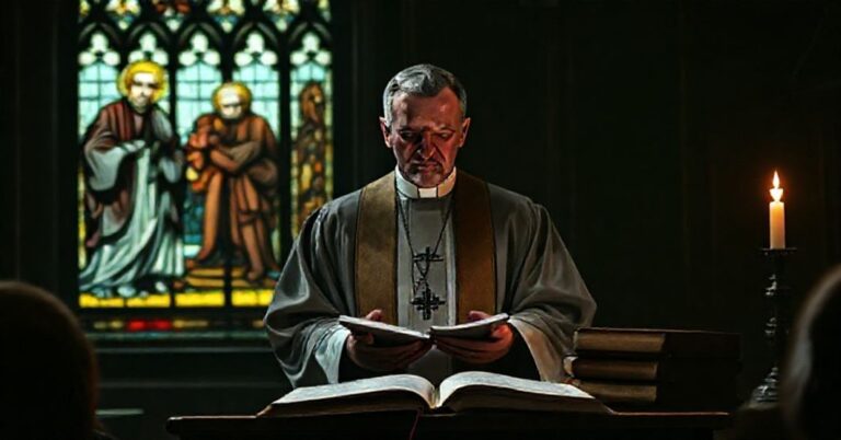 Ksiądz w tradycyjnych szatach kościelnych przemawia przed zgromadzeniem, na tle witraży z postaćmi św. Tomasza z Akwinu i św. Augustyna.