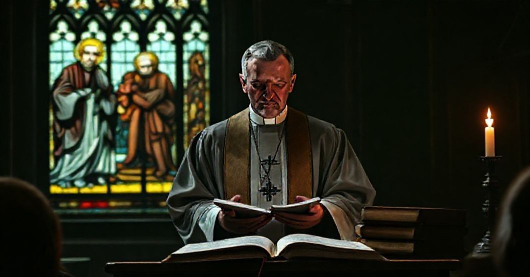 Ksiądz w tradycyjnych szatach kościelnych przemawia przed zgromadzeniem, na tle witraży z postaćmi św. Tomasza z Akwinu i św. Augustyna.