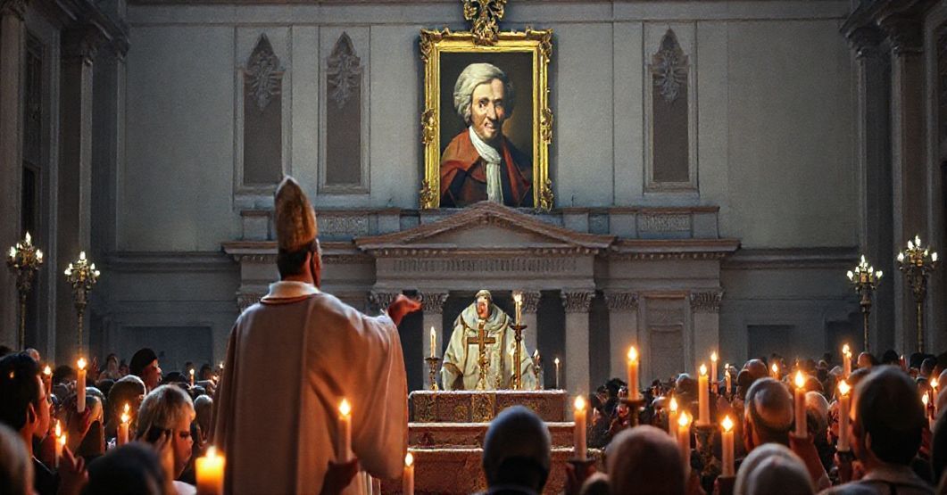 Uroczystość ogłoszenia Johna Henry'ego Newmana doktorem Kościoła przez antypapieża Leona XIV na Placu Świętego Piotra, z apostolską apostazją i modernistycznymi błękami.