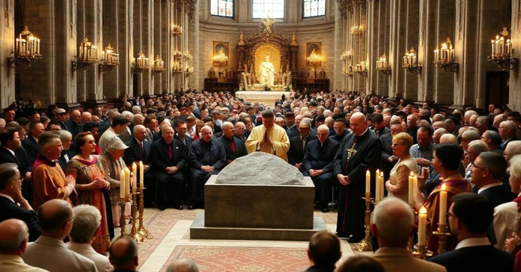 Uroczystość fałszywego "pobłogosławienia" kamienia przez modernistycznego biskupa w katedrze