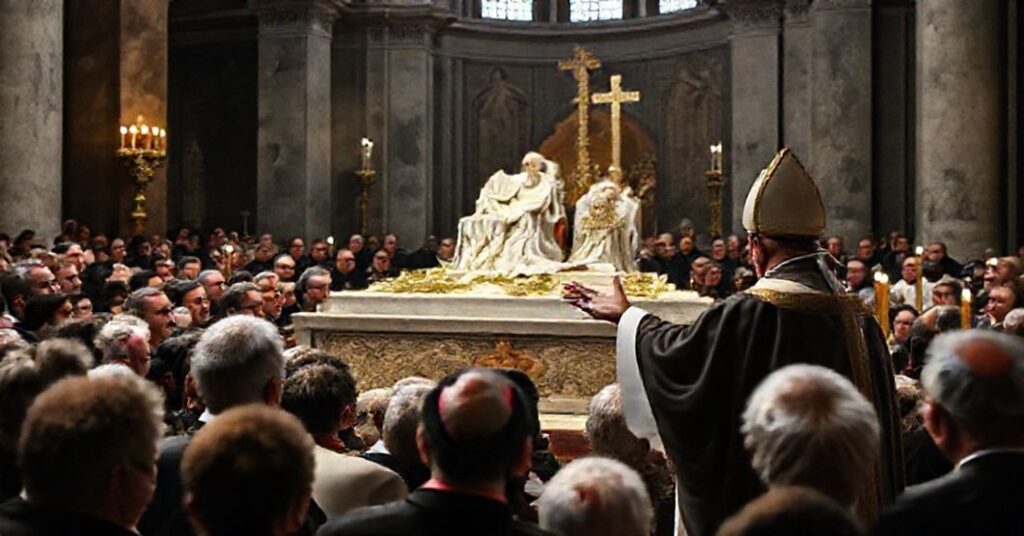 Uroczystość katolicka przy grobie Jana Pawła II w Bazylice Watykańskiej z abp Adamem Szalem i kard. Konradem Krajewskim.