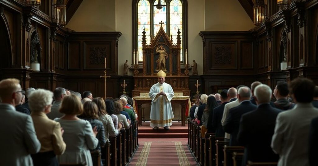 Wnętrze kościoła podczas niekanonicznego zgromadzenia z udziałem rzekomego biskupa i osób trzymających szkolne sztandary.