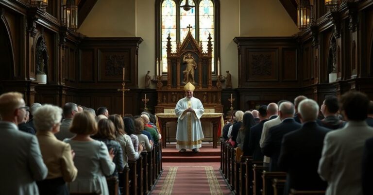 Wnętrze kościoła podczas niekanonicznego zgromadzenia z udziałem rzekomego biskupa i osób trzymających szkolne sztandary.