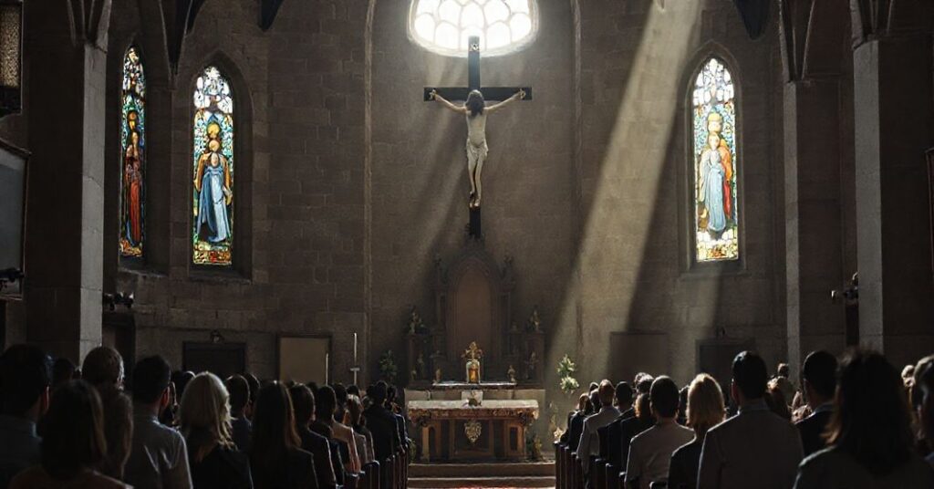 Ciemny wnętrze tradycyjnego kościoła z pustym tabernakulum, symbolizującym brak prawdziwej Ofiary. Grupa ludzi w nowoczesnym ubiorze modli się, ale ich twarze są zacienione, sugerując duchową dezorientację. Ołtarz jest ozdobiony nowoczesnymi, minimalistycznymi dekoracjami, kontrastującymi z antycznym, wyblakłym kamieniem kościoła. Promienie słońca przenikają przez witraże przedstawiające sceny maryjne, ale szkło jest pęknięte i wyblakłe, wskazując na korupcję nowoczesnego przesłania.