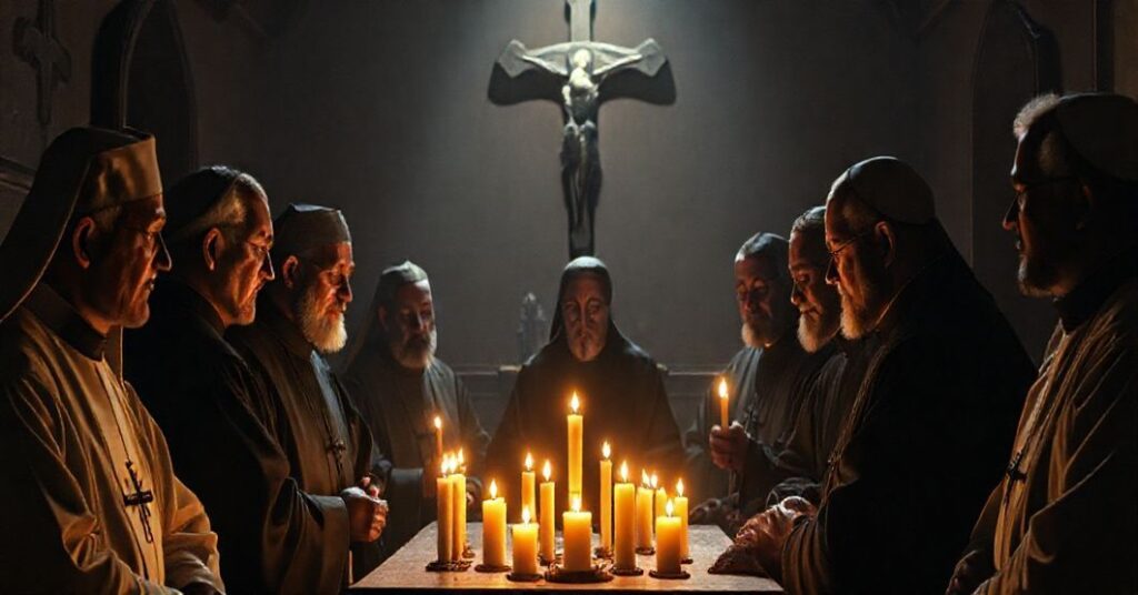 Tradycyjni dominikanie w mrocznym pomieszczeniu dyskutujący o rzekomych mistycznych doświadczeniach ojca Badeniego przy słabym świetle świec.