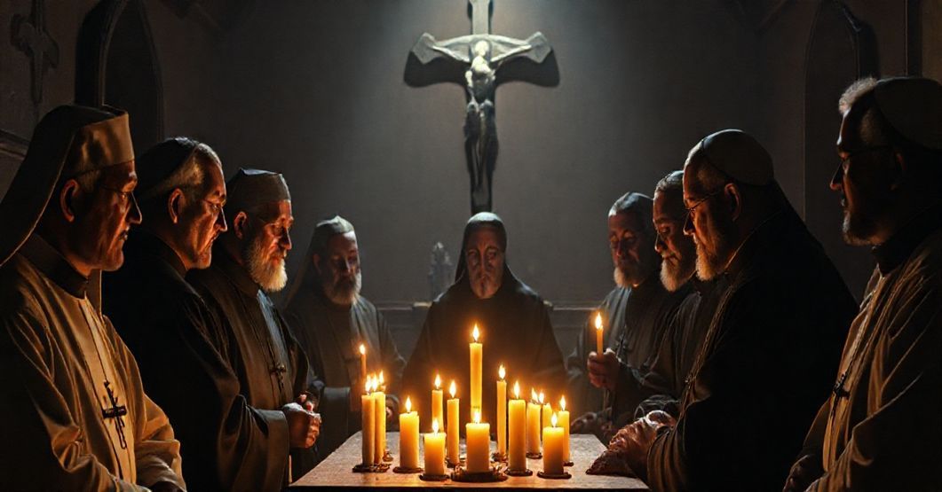 Tradycyjni dominikanie w mrocznym pomieszczeniu dyskutujący o rzekomych mistycznych doświadczeniach ojca Badeniego przy słabym świetle świec.