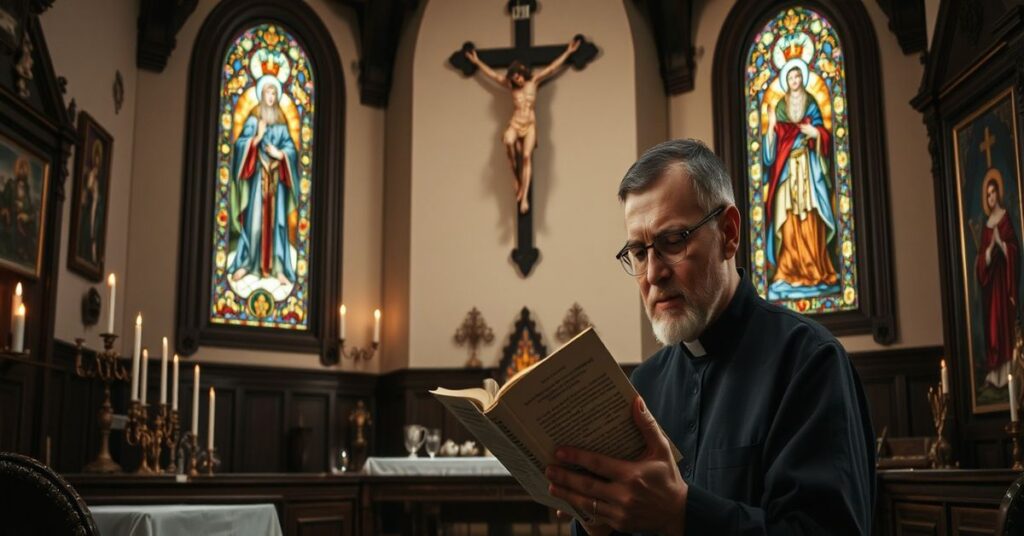 Ojciec Joseph Farrell czytający książkę Brata Wawrzyńca w tradycyjnym kościele katolickim.