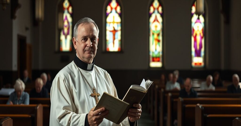 Ks. Michał Kwitliński w tradycyjnej kościelnej kaplicy podczas Wielkiego Postu, skupiony na nowoczesnej psychologicznej modlitwie relacji z Bogiem bez akcentu na ofiarę i pokutę