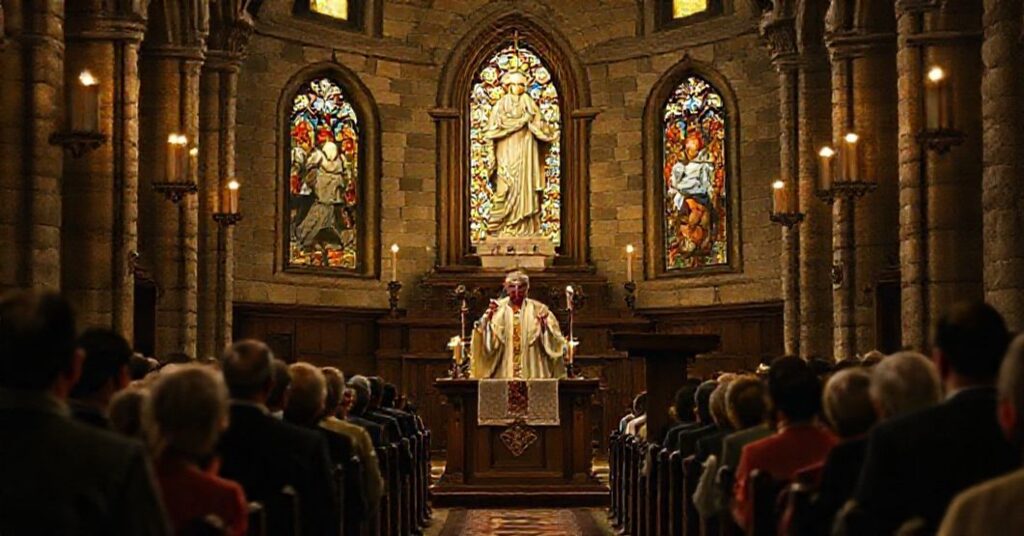 Wnętrze tradycyjnego kościoła katolickiego podczas modernistycznej kazań Leona XIV. Światełka świec wydają ciemny blask na starożytne ściany i witraże.