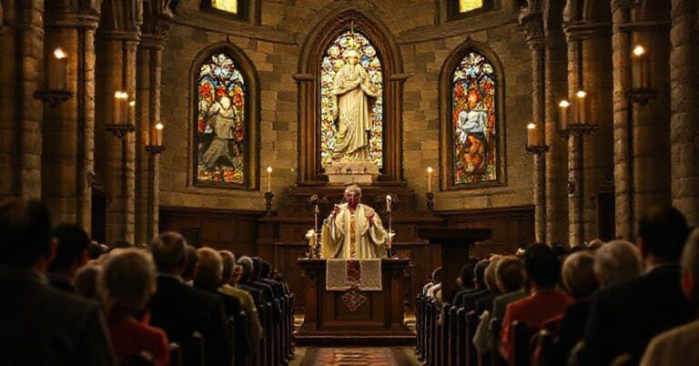 Wnętrze tradycyjnego kościoła katolickiego podczas modernistycznej kazań Leona XIV. Światełka świec wydają ciemny blask na starożytne ściany i witraże.