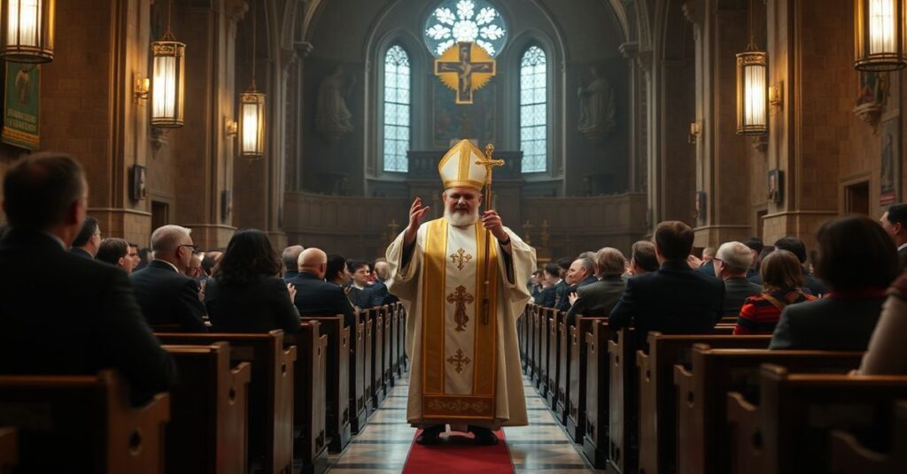 Tradycyjny kościół w Chełmży podczas modernistycznej mszy. Woskowy biskup Szamocki w liturgicznych szatach prowadzi 'Eucharystyczny Kongres' w pustym kościele z nowoczesnymi transparentami.