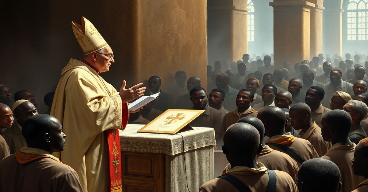 Tradycyjny katolicki obraz przedstawiający modernistyczną 'Msze' prowadzoną przez 'papieża' Leona XIV w Duali w Kamerunie, z homilią redukującą Eucharystię do symbolu ludzkiej solidarności.