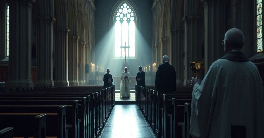 Wnętrze katedry z tradycyjną mszą św., gdzie arcybiskup Richard Moth używa historycznego kielicha z czasów reformacji. Scena bez krzyży i sacramentalnych elementów.