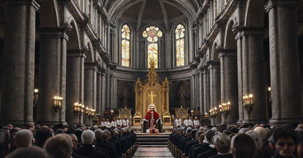 Wnętrze bazyliki Świętego Anzelma podczas modernistycznej mszy z udziałem antypapieża Leona XIV i benedyktynów. Brak symboliki królewskiej Chrystusa.