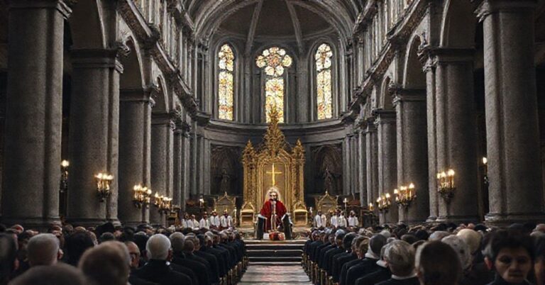 Wnętrze bazyliki Świętego Anzelma podczas modernistycznej mszy z udziałem antypapieża Leona XIV i benedyktynów. Brak symboliki królewskiej Chrystusa.