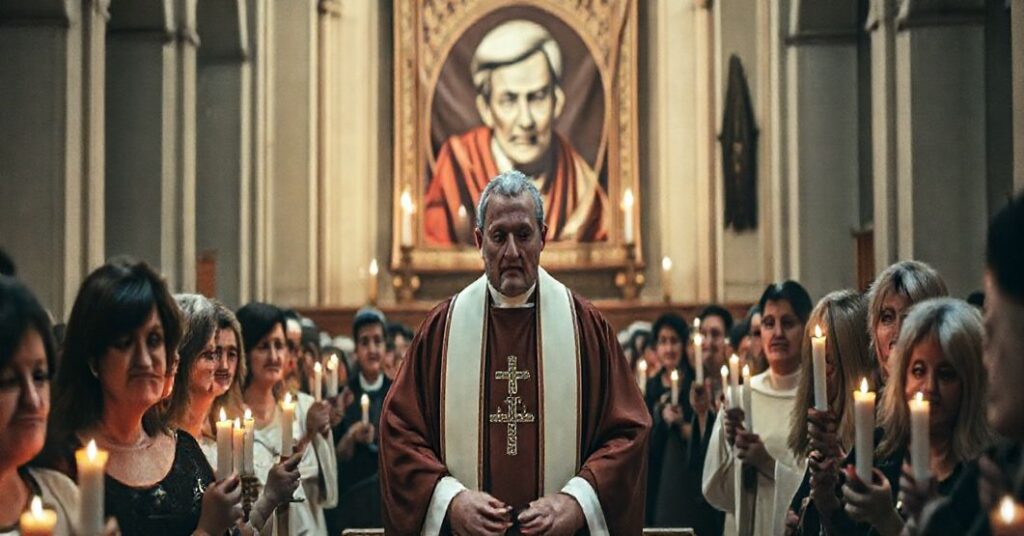 Grupa katolików uczestniczących w liturgii w katedrze, z różnymi reakcjami na nowoczesne elementy wprowadzone do tradycyjnej mszy.