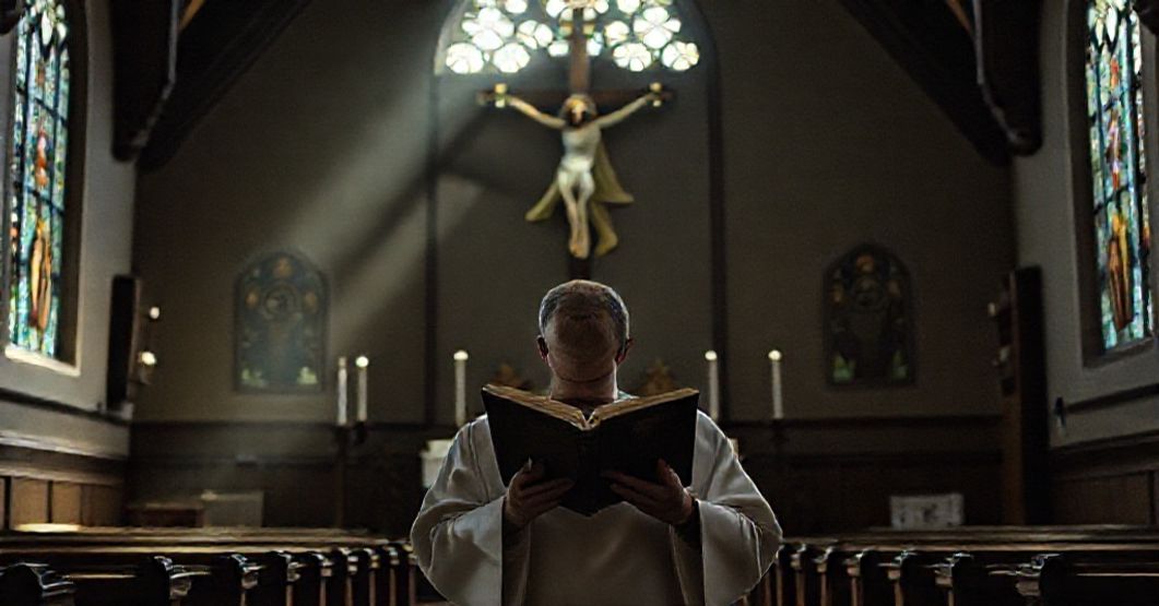 Ksiądz w sutannie czyta brewiarz w tradycyjnym kościele z pustym tabernakulum i krzyżem z Chrystusem cierpiącym.