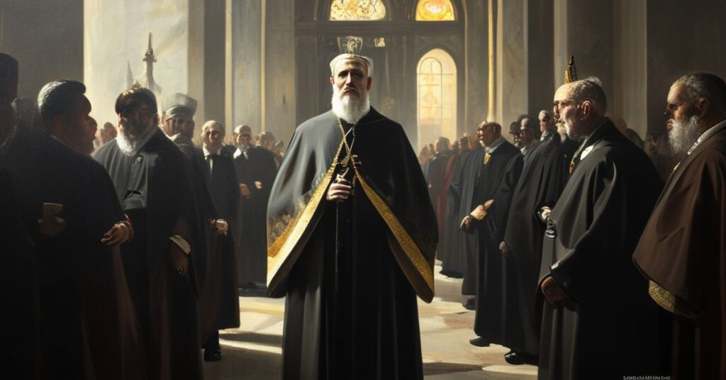 Portret ks. dr. Piotra Studnickiego w sali archidiecezji krakowskiej z pseudokardynałem Grzegorzem Rysiem na tle sekularyzowanych duchownych