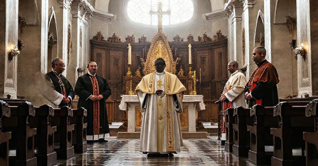 Wizerunek przedstawiający nominację „ks.” Anthony'ego Onyemuche Ekpo na „asesora” w „Sekretariacie Stanu Watykanu” przez „papieża” Leona XIV. Scena ukazuje tradycyjny wnętrze kościelne z elementami modernistycznego niszczycielstwa.