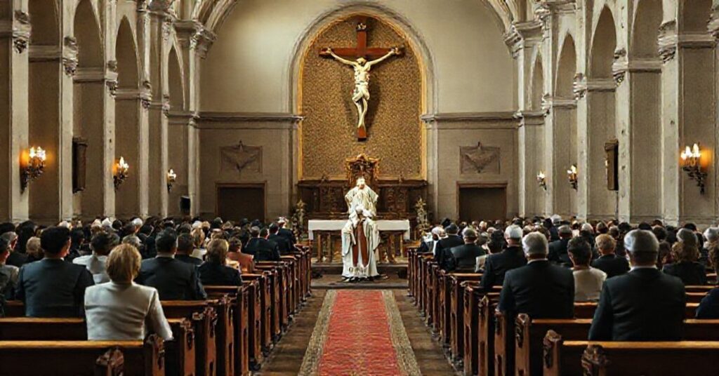 Wnętrze kościoła z tradycyjnym krzyżem, ławek i biskupem w szatach liturgicznych otoczonym przez modernistycznych delegatów w ubraniach biznesowych