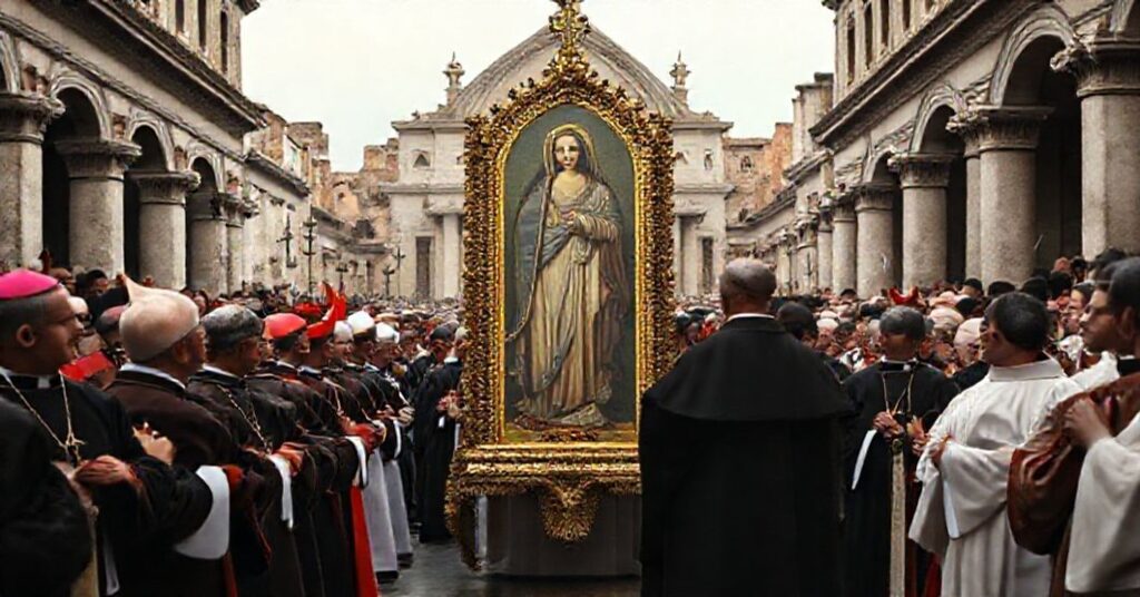 Obraz przedstawiający kontrowersje wokół kultu Matki Bożej z Pompejów w kontekście posoborowej apostazji kościelnej.