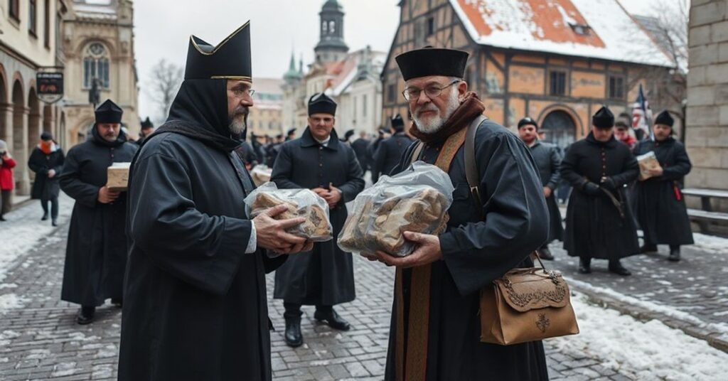 Scena na Ostrowie Tumskim we Wrocławiu przedstawiająca modernistyczną parodię katolickiego miłosierdzia