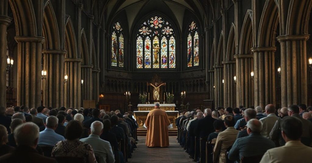 Wierni w tradycyjnym kościele pod przewodnictwem "biskupa" Tadeusza Litanskiego podczas modernistycznego spotkania.