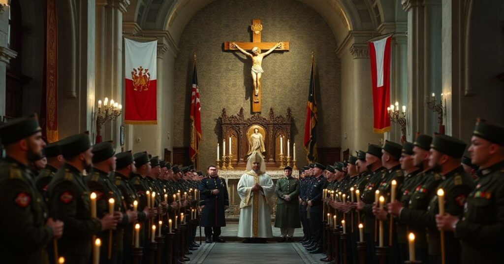 Uroczystość wojskowa w modernistycznej katedrze z biskupami Galbasem, Nyczem i Marczakiem przed śoldatami