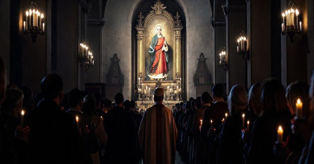 Grupa modernistycznych "kapłanów" w niekanonicznych ornatach prowadzi nabożeństwo przed obrazem Matki Boskiej Jasnogórskiej w bazylice jasnogórskiej. Scena odzwierciedla fałszywy kult maryjny i zniekształcenie tradycyjnej pobożności katolickiej.