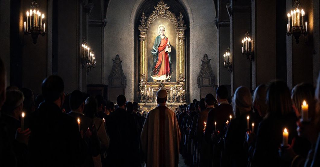 Grupa modernistycznych "kapłanów" w niekanonicznych ornatach prowadzi nabożeństwo przed obrazem Matki Boskiej Jasnogórskiej w bazylice jasnogórskiej. Scena odzwierciedla fałszywy kult maryjny i zniekształcenie tradycyjnej pobożności katolickiej.