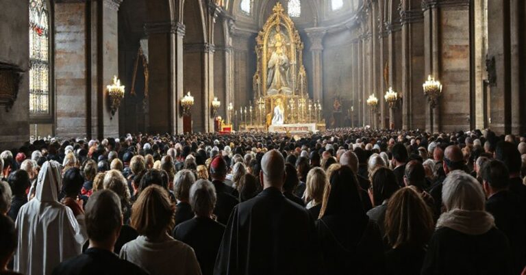 Grupa wiernych podczas modernistycznej pielgrzymki w Krzeszowie, pod przewodnictwem 'biskupa' Piotra Kleszcza, prezentująca redukcję modlitwy różańcowej i fałszywy kult