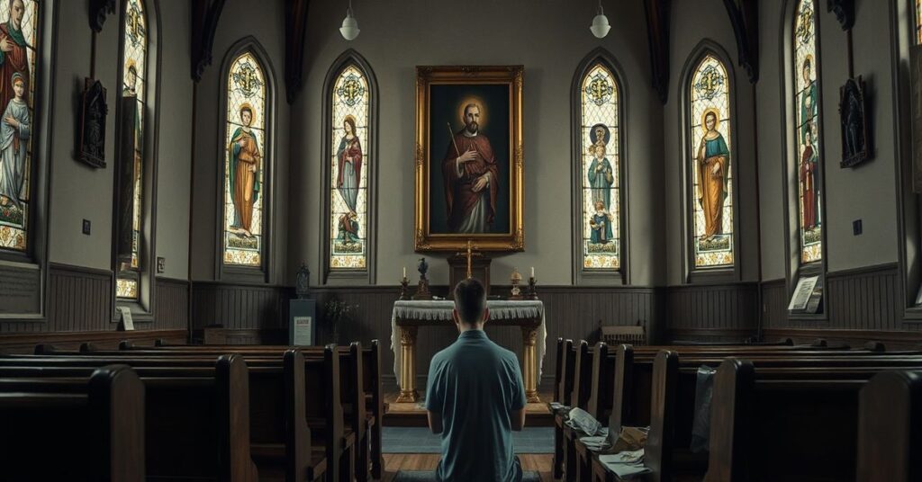 Przedstawienie J. Wilsona w tradycyjnym kościele katolickim z sentymentalnymi pamiątkami i modlącym się młodzieńcem obok tabernakulum