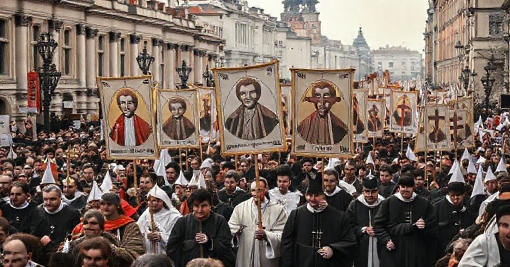 Procesja katolicka z symbolami modernistycznymi i fałszywymi świętymi zamiast Chrystusa Króla