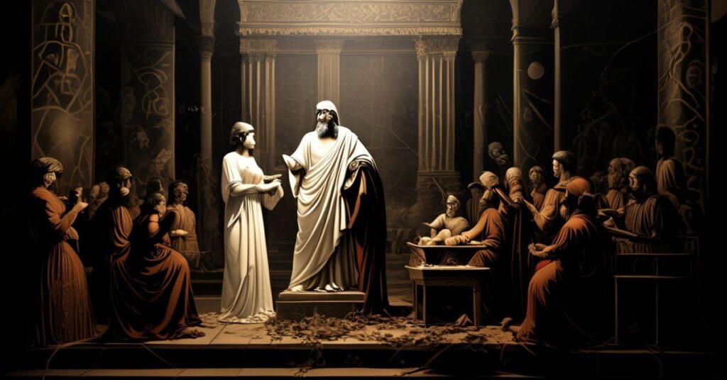 Scena z modernistycznej adaptacji "Antygony" w Teatrze im. Słowackiego w Krakowie z aktorami Rafałem Dziwiszem i Katarzyną Kubisiowską.