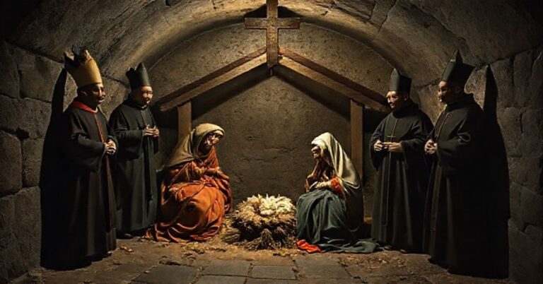 Tradycyjna katolicka reprezentacja sceny Bożego Narodzenia z nowoczesnymi interpretacjami artystów takich jak Beata Stankiewicz i Bogna Podbielska w podziemiach praskiej katedry.