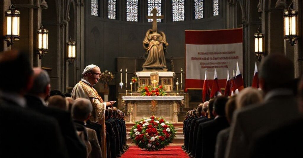 Wnętrze katedry w Katowicach podczas tak zwanej "Mszy św." w 2025 roku z abp. Andrzejem Przybylskim na kazaniu. Scena jest wypełniona antykatolickimi symbolami.