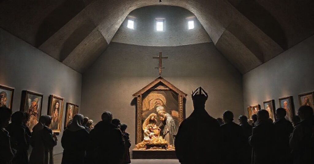 Uroczysty widok tradycyjnego przedstawienia Narodzenia Pańskiego w nowoczesnym, pseudo-katedralnym otoczeniu podziemia. Wierni obserwują wystawę modernistycznej sztuki blasfemicznej ze zdumieniem i smutkiem.