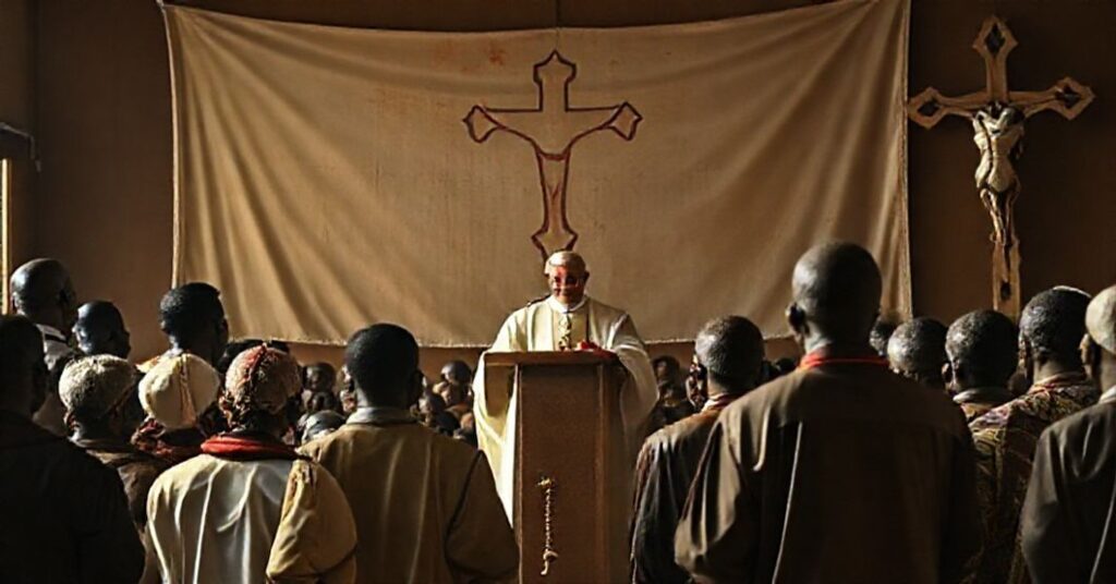 Scena przedstawiająca propozycję "Leona XIV" na Kongresie Afrykańskim Edukacji Katolickiej w Nairobi. Grupa Afrykańskich katyków słucha modernistycznego przemówienia.