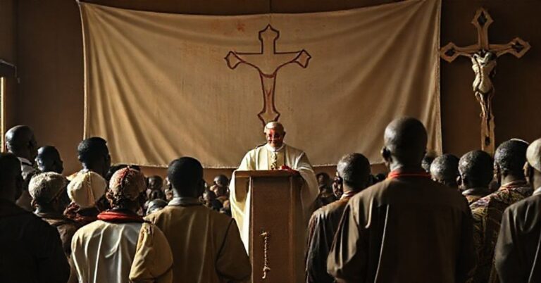 Scena przedstawiająca propozycję "Leona XIV" na Kongresie Afrykańskim Edukacji Katolickiej w Nairobi. Grupa Afrykańskich katyków słucha modernistycznego przemówienia.