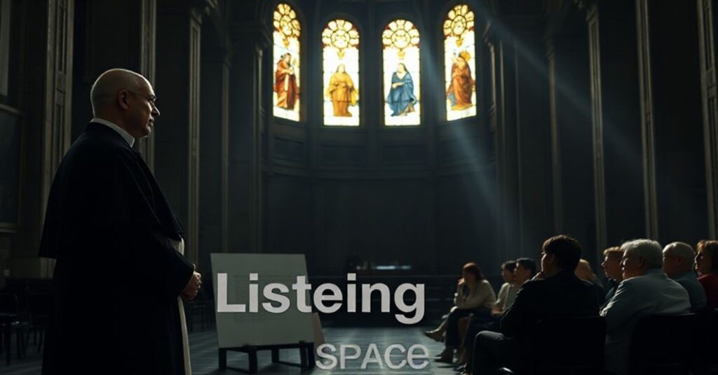 Wewnętrze Bazylii św. Piotra przedstawiające nowoczesną "Przestrzeń Słuchania" z tradycyjnym kapłanem katolickim w tle, symbolizującym odrzucenie prawdziwej wiary.