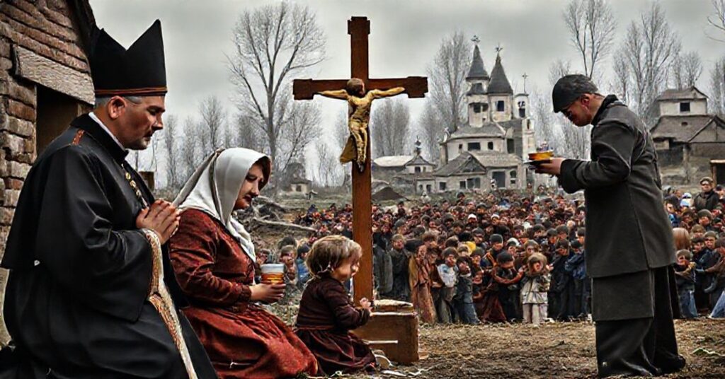 Rzeźba przedstawiająca katolicką rodzinę modlącą się przed krzyżem w kontrascie z nowoczesną pseudolitościową akcją pomocową