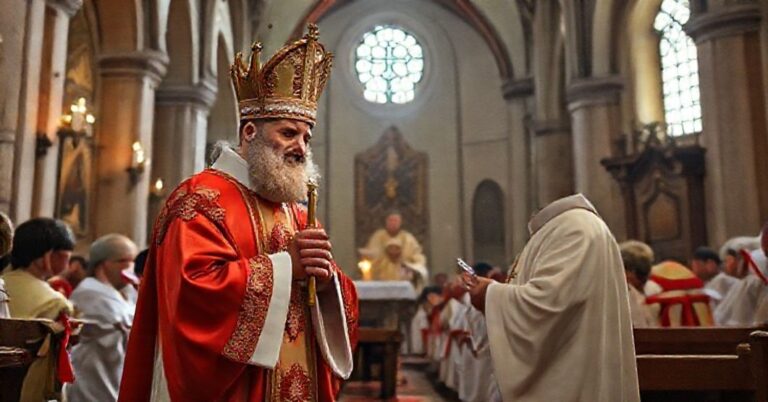 Stary ksiądz w tradycyjnym habicie stoi w ciemnej kaplicy, symbolizujący modernistyczną pseudoduchowość zmieszaną z prawdziwą wiarą katolicką