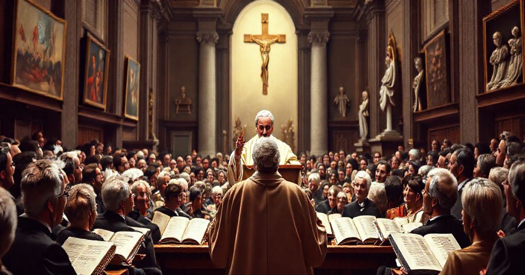 Uroczysty widok sali wykładowej w Bazylice Św. Piotra podczas homilii "papieża" Leona XIV. Modernistyczne symbole i zniekształcone księgi otaczają go, podczas gdy tradycyjne katolickie symbole są ciemne i oparte w tle. Światło jest przyciemnione, podkreślając dezorientację duchową i utratę prawdziwej doktryny.