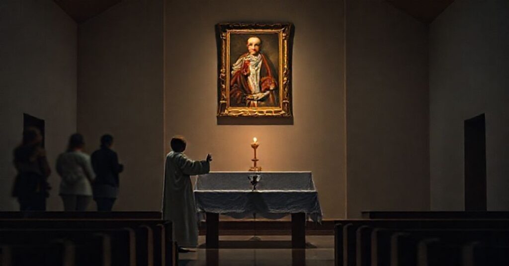 Pusty modernistyczny kościół z nielicznymi niezaangażowanymi wierzącymi i niesłownym kapłanem