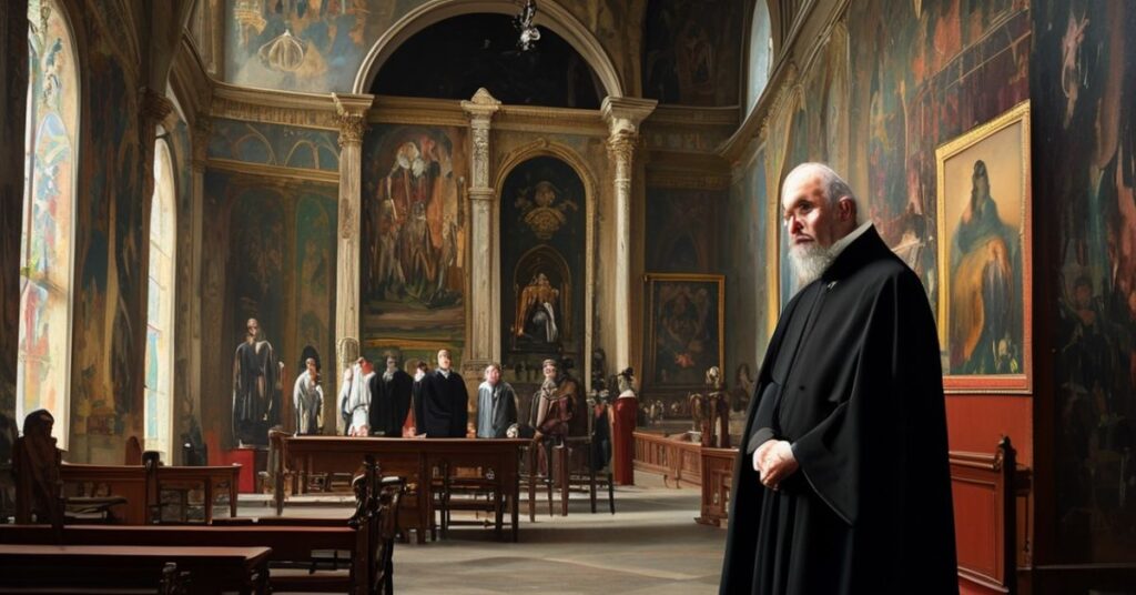 Wnętrze kościoła katolickiego z tradycyjną sztuką sakralną i nowoczesnymi groteskowymi obrazami wystawionymi w galerii.